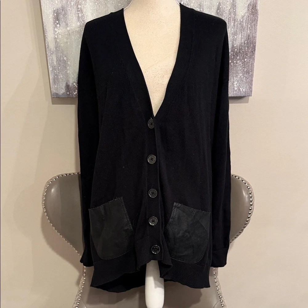 Michael Kors Black Button-Up Cardigan with Leather Pockets